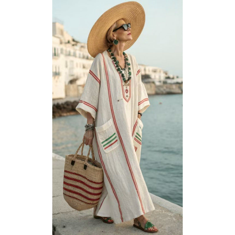 Women's Boho Striped Embroidered V-Neck Kaftan Maxi Dress