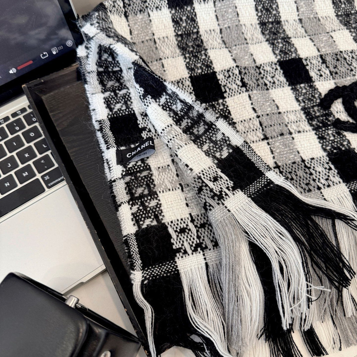 Chanel Black and White Plaid Fringed Scarf